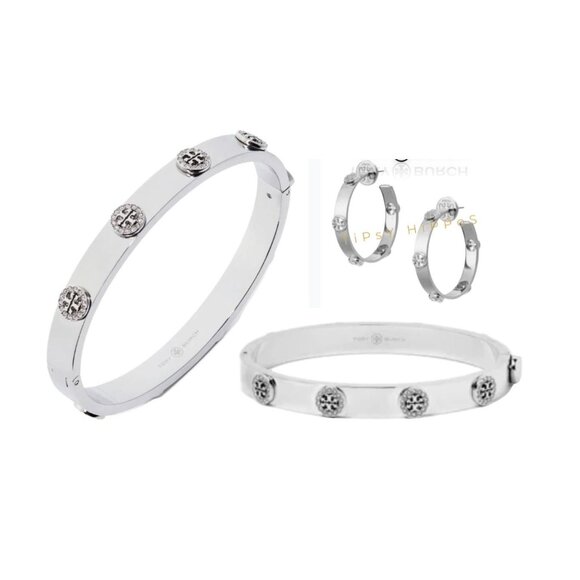 NEW! Tory Burch Silver Milgrain Studded Hoop Earrings and Bracelet Set - Picture 1 of 9